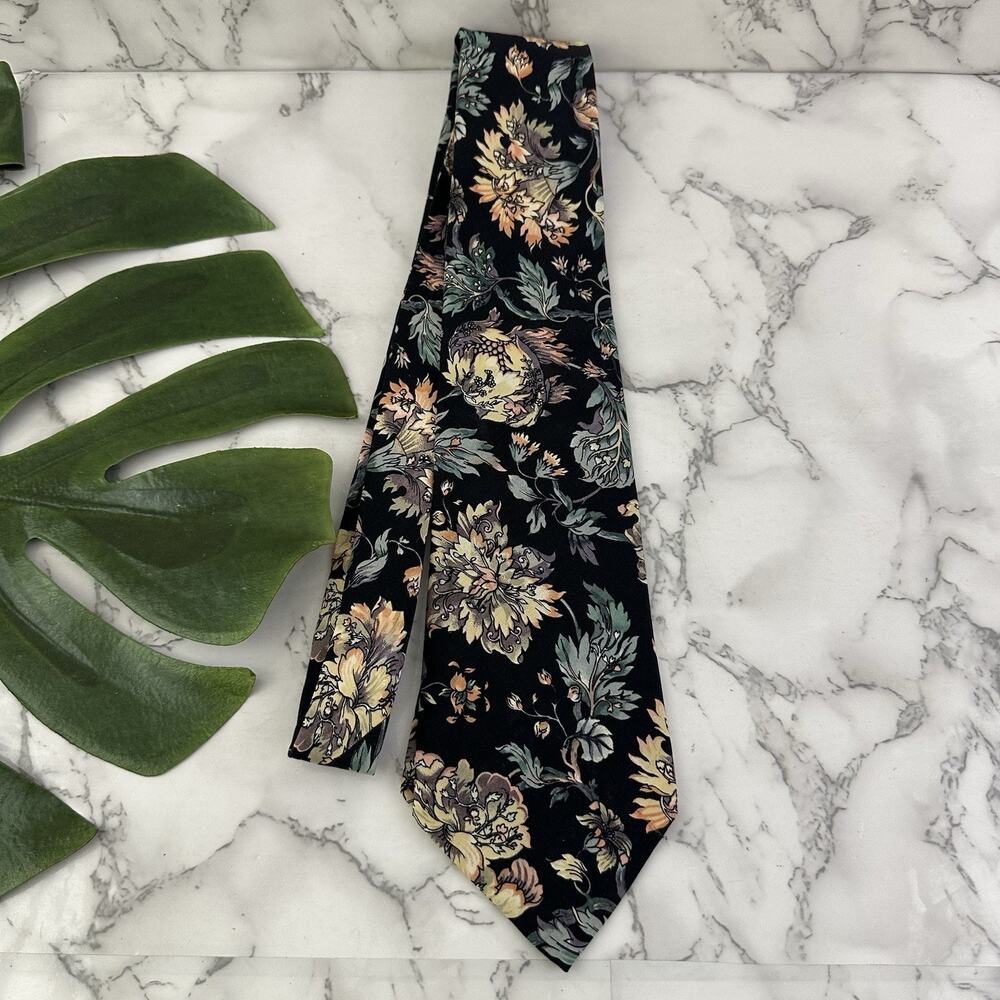 Polo Ralph Lauren Mens Vintage 80s Neck Tie Black Blue Floral Silk Paisley